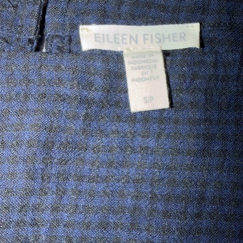 Eileen Fisher Organic Linen Black Blue Checkered Gingham Top Size Small Boxy - Picture 4 of 5